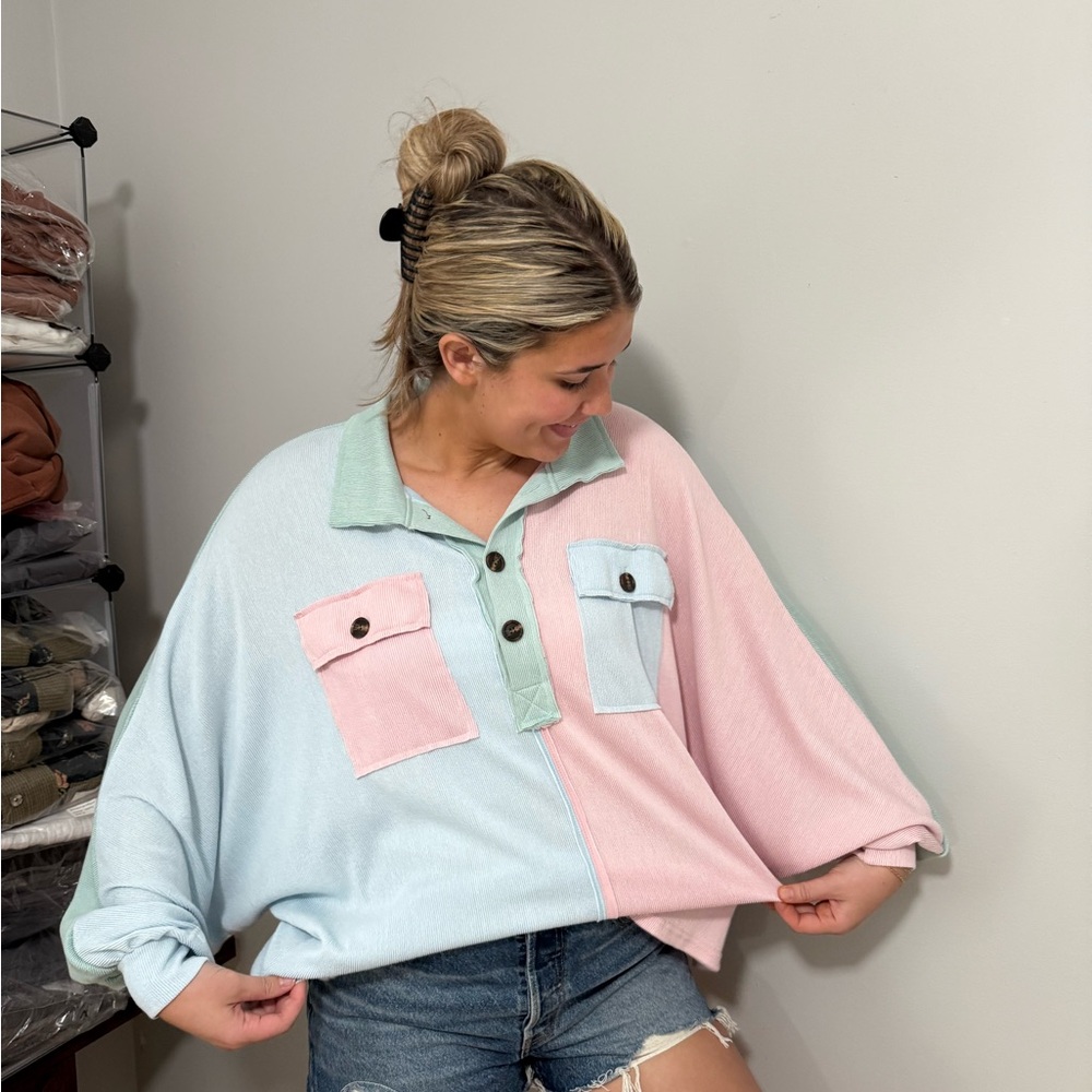 Colorblock Pastel Button-Up Top - Mint, Baby Blue & Pink